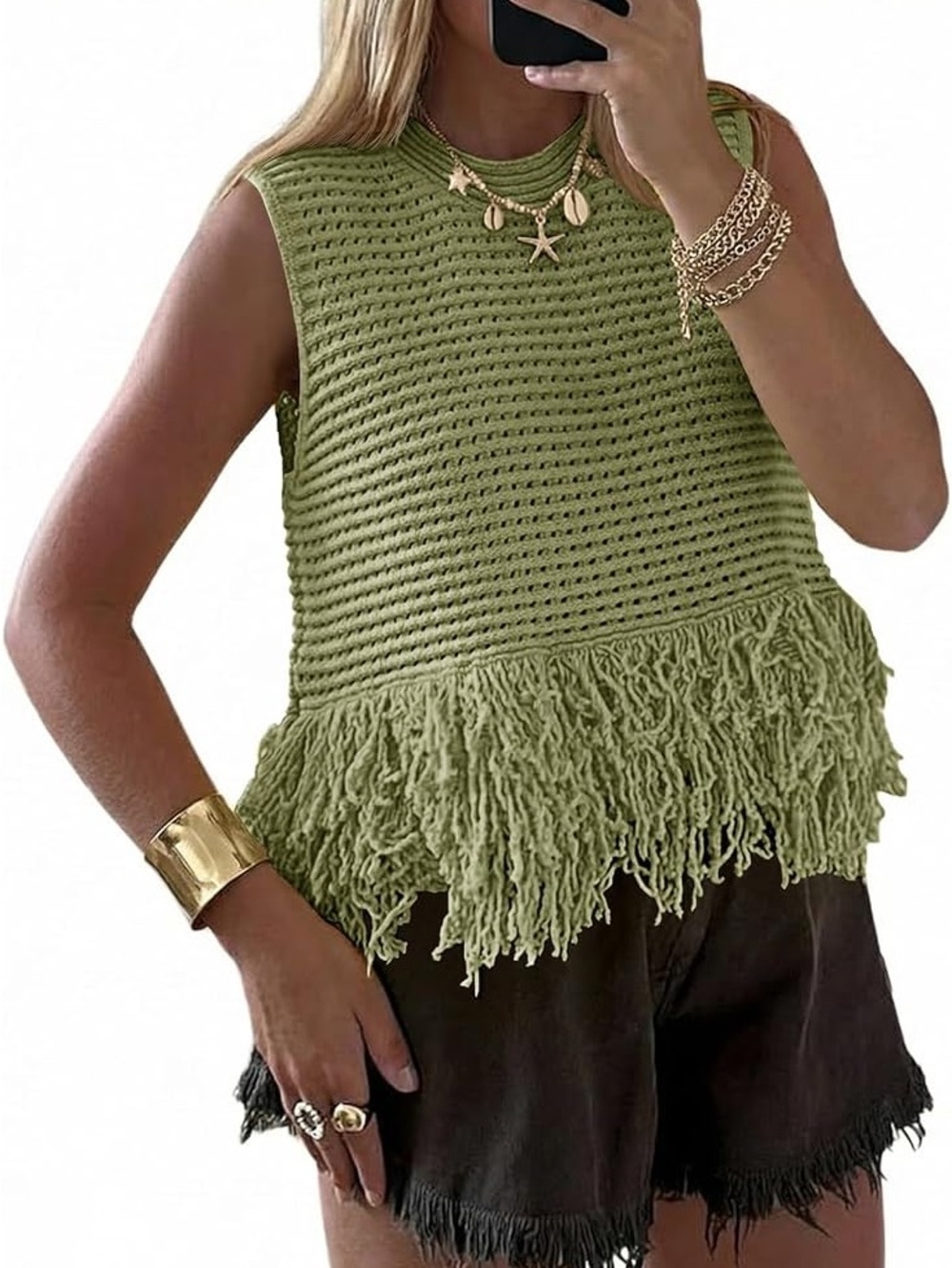 Sleeveless Olive Green Fringe Knit Top